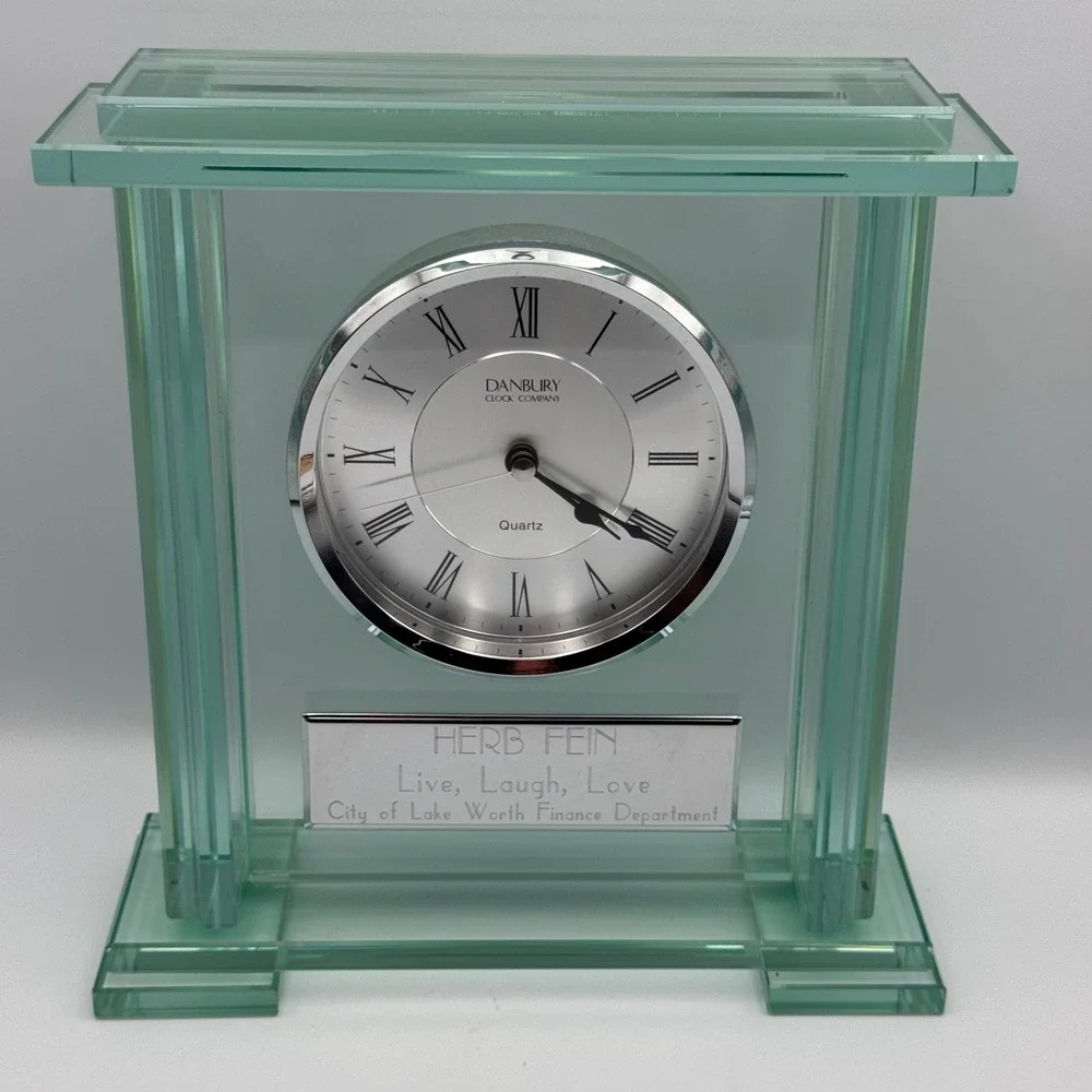 Danbury Clock Company Glass Mantel‎ Clock Quartz Desk Clock Engraved Herb Fein